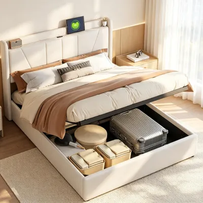 Produktbild von INONEFT Boxspringbett 140x200cm mit USB-Ladegerät, Bett mit Stauraum, Polsterbett Stauraumbett mit Bettkasten,Bettgestell mit Lattenrost,Leinen,Beige