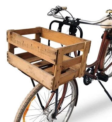 Produktbild von Fahrrad Gepäckträger vorne Frontgepäckträger - Fahrradgepäckträger Vorderrad - Red Loon Fahrrad Frontträger - Stahl / Holz Front Loader - Gepäckträger vorne universell - Hollandrad Citybike - inkl Weinkiste aus Holz