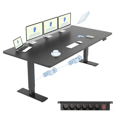 Image de FLEXISPOT QB2, bureau réglable en hauteur, électrique, dimensions 200x80 cm, avec multiprise, 2 moteurs puissants, capacité de charge de 120 kg, 4 fonctions de mémoire, couleur noire