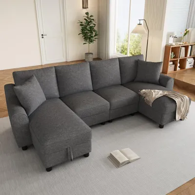 Productafbeelding van Modulaire chenillebank in U-vorm met opbergruimte, verstelbare rugleuning, modern design - Afmetingen: 280 × 137 × 84, grijs