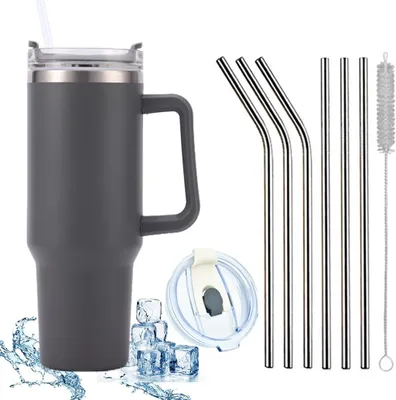 Produktbild von 1200 ML Isolierbecher Edelstahl mit Griff 40 OZ Doppelwandiger Kühlbecher Reisebecher Autobecher mit Strohhalm und Auslaufsicher Becherdeckel, grau, 9 Stück, 40 OZ