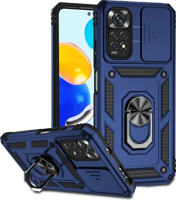 Image de Etui pour Xiaomi Redmi Note 11 / Note 11S étui double couche avec couvercle coulissant pour l'appareil photo et anneau de support bleu