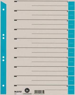 Produktbild von Leitz Trennblatt, farbig bedruckt, Numerischer Registerindex, Karton, Blau, Grau, A4, 230 g/m², 240 mm