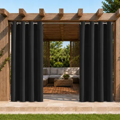 Produktbild von Außen Vorhang Wasserdicht Sonnenschutz Gardine Outdoor Verdunkelungsvorhang mit Ösen für Terrasse, Balkon, Hof, 132x274cm, Schwarz