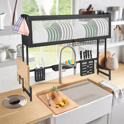 Produktbild von Geschirrkörbe Abtropfgestell mit staubdichte Tür Küchenregal Spüle  mit Hacken＆Messerhalter＆Schneidebretthalter 75x28x77cm Schwarz