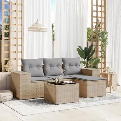 Produktbild von Design 5-tlg. Garten-Sofagarnitur mit Kissen Beige Poly Rattan, Gartensofas 2024 Neu
