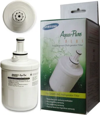 A collage of a Samsung Aqua-Pure Plus refrigerator water filter and its packaging.