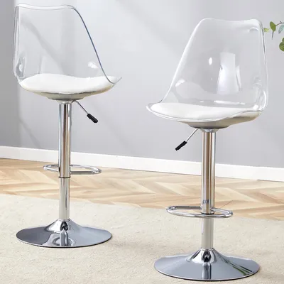 Produktbild von MODFU 2er-Set Barhocker mit Transparente Rückenlehne,Drehstuhl mit Höhenverstellbar und 360° drehbar,Esszimmerstuhl mit silbernen Metallbeinen für Küche