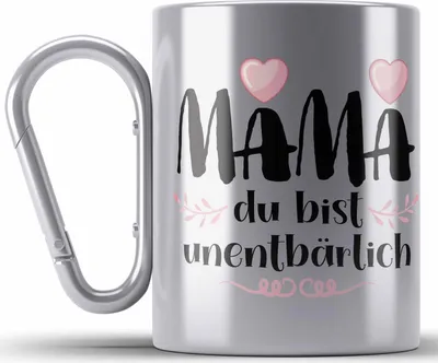 Produktbild von Trendation - Mutter Mama Edelstahl Tasse Karabiner Geschenk von Tochter zum Geburtstag Weihnachten Karabiner Edelstahl Tasse Karabiner Edelstahl Lustig Geschenke Muttertag Muttertagsgeschenk Unentbährlich (Silber)