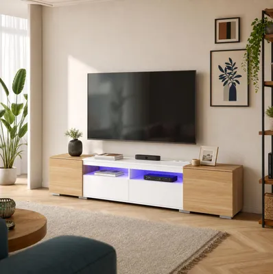 Produktbild von FUFU&GAGA TV Lowboard 200 cm Weiß Hochglanz & Eiche, TV-Schrank mit Magic RGB LED & WiFi, Multimedia Board mit Steckdose & USB-C, 200x40x43 cm