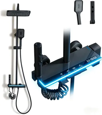 Duscharmatur Regendusche mit LED, 4 Strahlarten, Wasserfall, schwarz