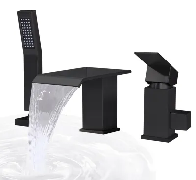 Produktbild von Badewannenarmatur 3-Loch - Mit Handbrause - Wasserfallauslauf - Edelstahl - Schwarz