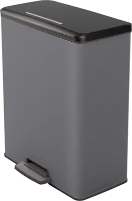 A gray rectangular trash can with a black lid and a silver foot pedal.