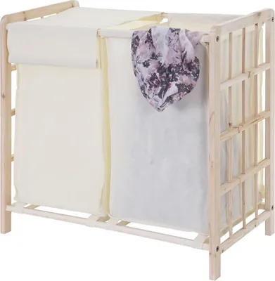 Zdjęcie produktu dla Kosz na pranie HWC-B60, Kosz na pranie z litego drewna, 2 komory 60x60x33cm 68l ~ jasnobrązowy, pokrywa kremowa