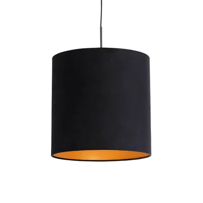 Produktbild von QAZQA - Klassisch I Antik Hängelampe I Pendellampe I Pendelleuchte mit Veloursschirm schwarz mit Gold I Messing 40 cm - Combi I Wohnzimmer I Schlafzimmer - Textil Zylinder I Länglich I Rund - LED geei