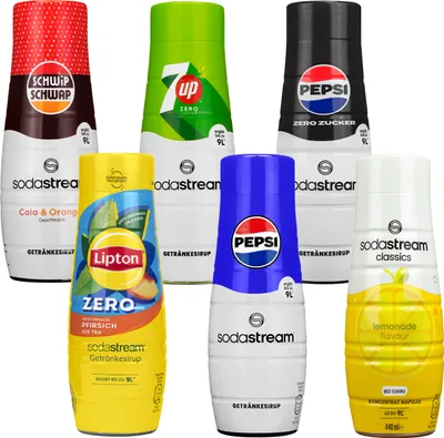 Image de Sirop SodaStream Pepsi, Pepsi MAX, 7UP Zero, Lemonade, Lipton Ice Tea Pepsi Zero, Schwip Schwap, 440 ml, 6 pièces