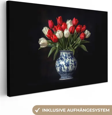 Produktbild von Leinwand Bilder 120x80 cm - Blumen - Tulpen - Rot - Weiß, Wandbilder, Wanddeko Wohnzimmer, Bild