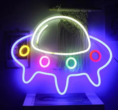 Zdjęcie produktu dla Oświetlenie NEON LED, dekoracyjne oświetlenie ścienne, niebieski statek kosmiczny UFO, ok. 40 x 32 x 2 cm