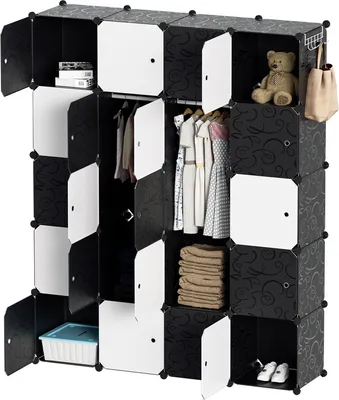 Produktbild von Clanmacy DIY Kleiderschrank Regalsystem Schuhregal 20 Würfel Garderobe aus Kunststoff, 175x140x35cm Schwarz und weiß