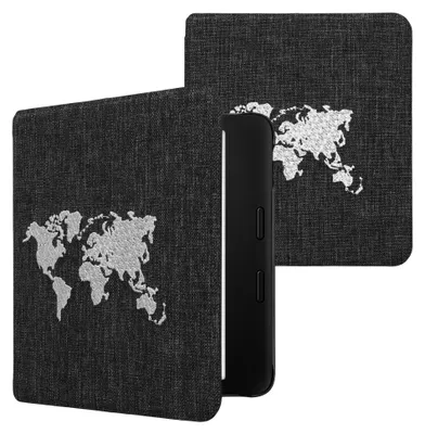 Produktbild von kwmobile Hülle kompatibel mit Kobo Libra 2 Cover - eReader Schutzhülle aus Stoff - Case Travel Umriss Weiß Dunkelgrau