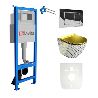 Produktbild von Lavita LAV 101 Vorwandelement für WC 40cm + Wand Hänge Tiefspül WC SOFI SLIM CHECKED GOLD Spülrandlos + Bedienplatte LAV 200.1.2 Verchromt  | Komplettset | Unterputz Spülkasten | Toilette Komplett Sett