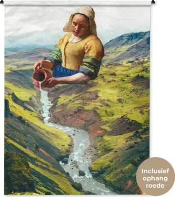Produktbild von MuchoWow® Wandteppich Wandbehang Milchmädchen - Vermeer - Berge 150x200 cm Tapisserie Dekoration Wandtuch - Wandaufhängung - Moderner