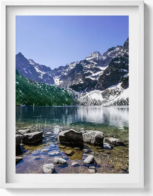 Produktbild von Bergsee - Landschaft– Wandbild mit Rahmen – Gerahmtes Bild  – Wanddekoration – 60x80 cm –  Weiß Rahmen