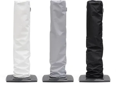 Three patio heater covers in different colors (white, gray, and black) are displayed standing upright on a white background.