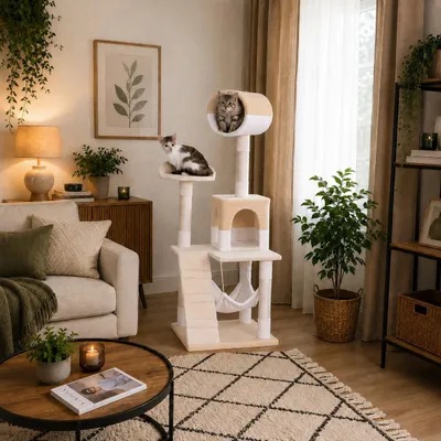 Zdjęcie produktu dla Drapak dla kotów belviona, drzewko do wspinania się dla kotów z legowiskiem, hamakiem, schodkami i platformą do leżenia, 133 cm, beżowo-biały