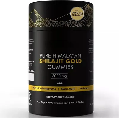 Produktbild von Pure Himalayan Shilajit Gold Gummies (60 Stück) Nahrungsergänzungsmittel, Männergesundheit, Unisex, Ashwagandha, Gokshura, Trace Minerals, vegan