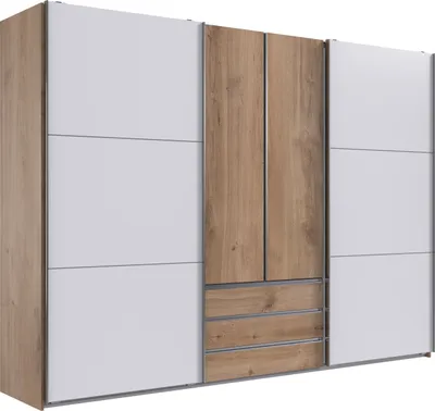 Produktbild von Schwebetürenschrank >MAGIC< in PLANKENEICHE + WEISS - 300x216x65cm (BxHxT)