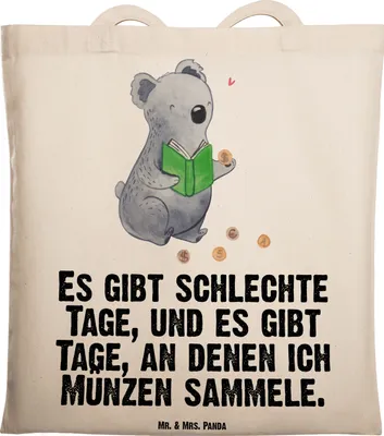 Produktbild von Mr. & Mrs. Panda Schultasche Koala Münzen sammeln - Transparent - Geschenk, Shopping Tasche, aus Aller Welt, Tote Bag, Einkaufstüte, Numismatik, Jutebeutel