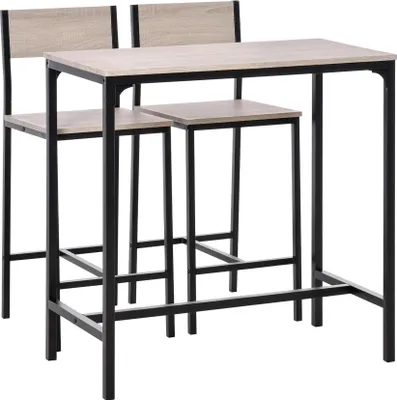 Image de Ensemble table de bar - Table de bar haute avec 2 tabourets - Peu encombrant - Style industriel - Dimensions 89×45×87 cm - Pour la cuisine et le balcon - Naturel et noir