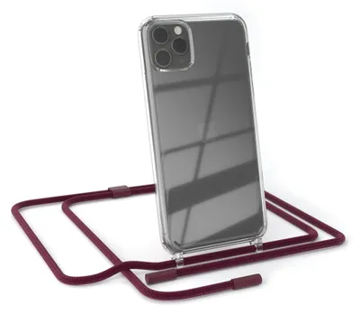 A clear phone case with a red lanyard attached, shown on a white background.