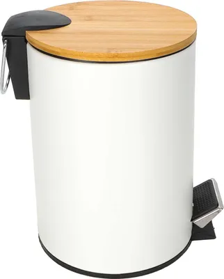 Produktbild von Tretmülleimer mit Bambusdeckel, Abfallbehälter, Kosmetikeimer aus Metall mit herausnehmbaren Kunststoffeinsatz, Tragegriff, für Küche, Bad, WC, Vol. ca. 3 L, weiß