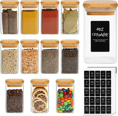 Produktbild von Famanu Gewürzgläser Set 12 Stück - 240 ml mit Bambusdeckel und 275 Etiketten
