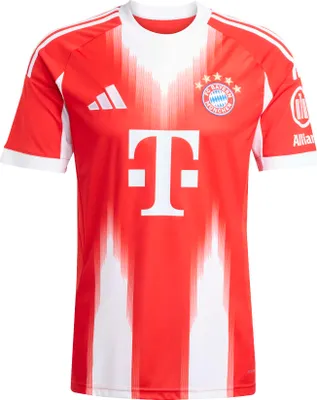 A red and white Adidas soccer jersey with the FC Bayern Munich crest and T-Mobile logo.