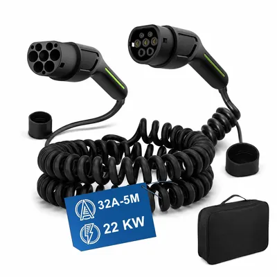 Obrázek produktu pro Nabíjecí kabel typu 2, 22 kW, 5 metrů – Spiralní nabíjecí kabel, 32A, třífázový, pro elektromobily. Nekontaktuje se se zemí, vodotěsný (IP67), včetně tašky