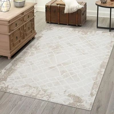 Produktbild von Teppich Wohnzimmer Kurzflor - Creme - 160x230 cm - Klassisch Modern Vintage, Bordüre, Geo-Muster