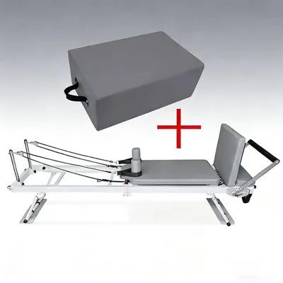 Produktbild von Pilates Reformer Trainingsgerät - Klappbar für Zuhause - 5 Metallfedern - Verstellbarer Widerstand - Mit Pedal und quadratischer Pilates-Box - Beige