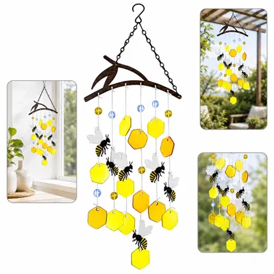 Produktbild von 23-Zoll Bienen-Windspiel, für draußen geeignet, einzigartiger farbiger Glas-Windfänger, Gartendeko, Sonnenfänger, Geschenk für Frauen Mama, Oma unisex