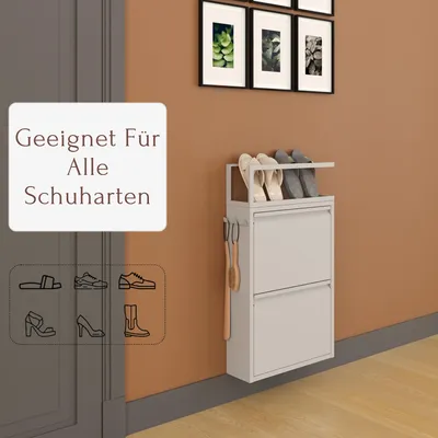 Produktbild von Furni24 Schuhschrank Schmal mit 2 Klappen, Pantoffelregal und Hakenleiste – Metall Schuhkipper Grau