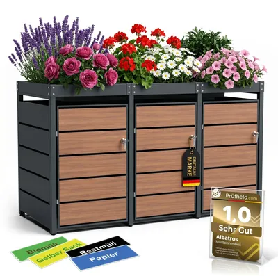 Immagine prodotto di Contenitore per bidoni della spazzatura in legno, modello a 3 scomparti, con fioriera integrata, capacità da 120L a 240L, per tre bidoni, in metallo, colore antracite RAL7016, con chiusura a chiave, resistente agli agenti atmosferici