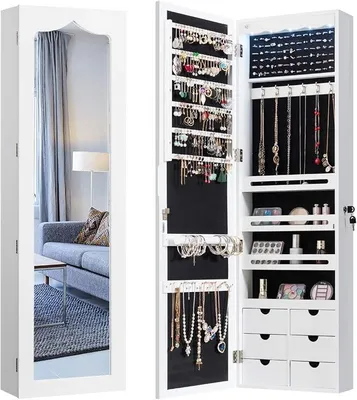 Produktbild von Silecomplaza Schmuckschrank mit LED Beleuchtung, 6 Schubladen und Spiegel, Sipegelschrank hängend, Hängeschrank für Tür und Wandmontage, abschließbar (Weiß)