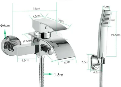 A diagram showing the dimensions of a shower faucet and handheld showerhead.