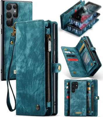 Produktbild von Schutzhülle für Samsung Galaxy S22 Ultra 5G, Vintage Multifunktions Lederhülle, Kartenfächer, Reißverschluss Hülle Blau
