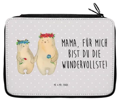 Produktbild von Mr. & Mrs. Panda Federmappe Bären mit Blumenkranz - Grau Pastell - Geschenk, Federmäppchen, Federtasche, Family, Familie, Schulmäppchen, Tochter, Kinder, Etui, Mäppchen
