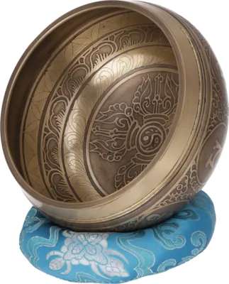 Produktbild von Handgearbeitete Gravierte Klangschale mit Klöppel & Kissen - Ø 16 cm Modell 5, Gold, Bronze, Klangschalen