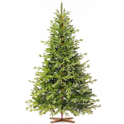 A full shot of an artificial Christmas tree on a white background.
