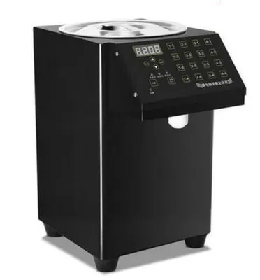 A black automatic fructose dispenser with a digital display and control panel.